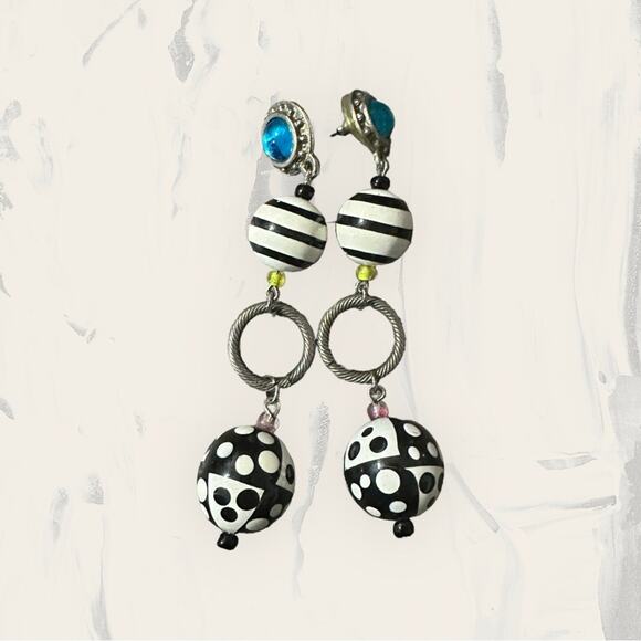Vintage Earrings Black White Polka Dot Hoop Blue Gem‎ Drop Dangle Beaded - Picture 1 of 3